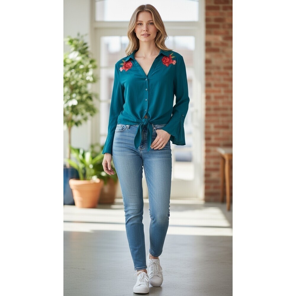 Teal Tie Front Blouse Iris Women's Size Medium Red Rose Embroidered Shoulders
